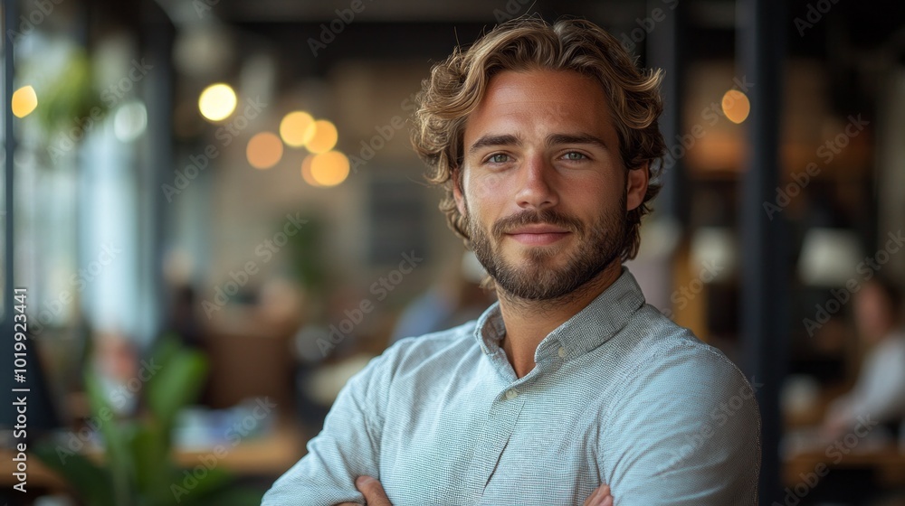 A man with a beard and a smile is posing for a picture in a restaurant A man with a beard and a smile is posing for a picture in a restaurant