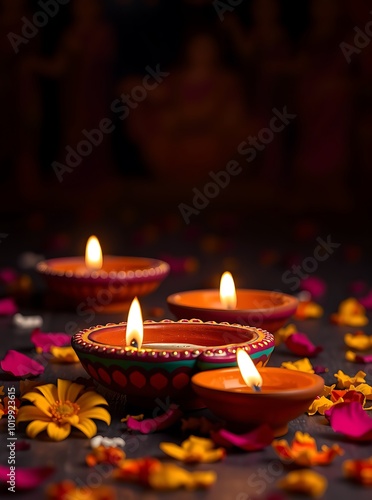 Clay Diya lamps lit during Diwali Festival celebration, Happy Diwali