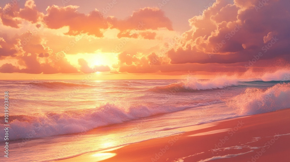 Soft pink and orange hues painting the sky as the sun sets behind rolling waves on a sandy beach. Soft pink and orange hues painting the sky as the sun sets behind rolling waves on a sandy beach.