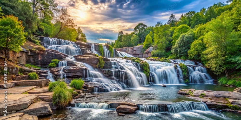 Obraz premium Scenic Waterfalls in Greenville, South Carolina Surrounded by Lush Greenery and Natural Beauty