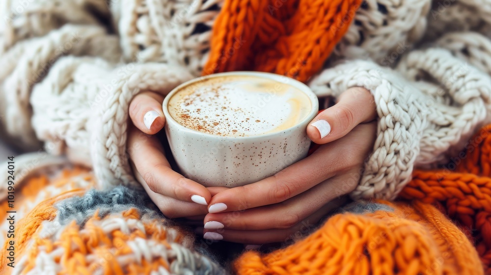 Close up of women s hands cradling a steaming cup of aromatic coffee with foam in soft focus setting Close up of women s hands cradling a steaming cup of aromatic coffee with foam in soft focus setting