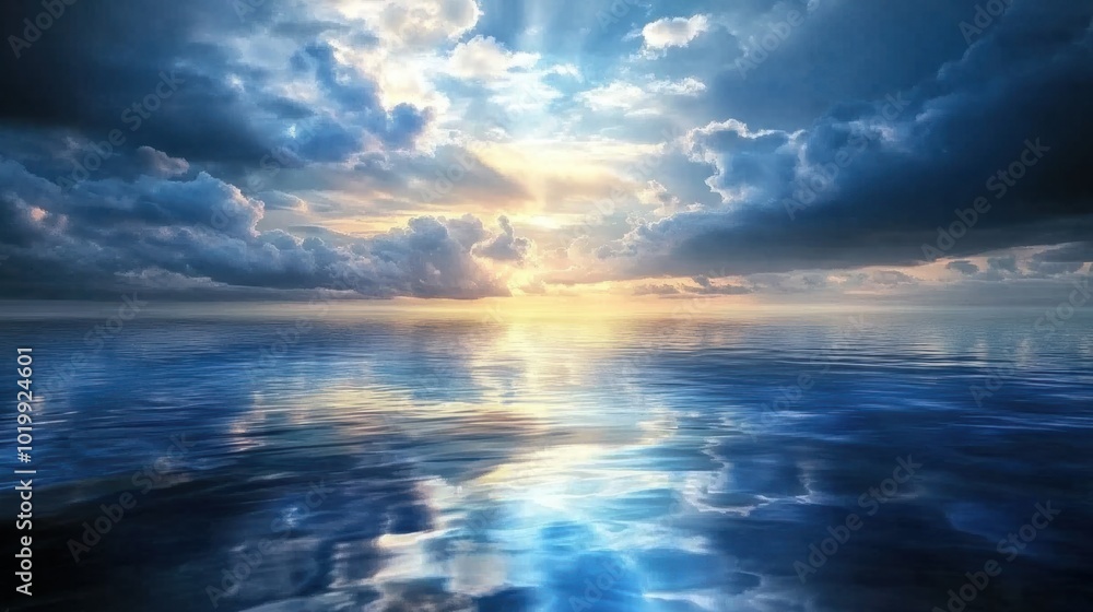 Obraz premium Sunlight breaking through storm clouds over a vast ocean, creating dramatic reflections on the water.