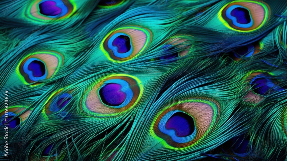 Obraz premium The vibrant peacock feathers display intricate patterns and brilliant colors, captivating with their elegance and natural artistry.