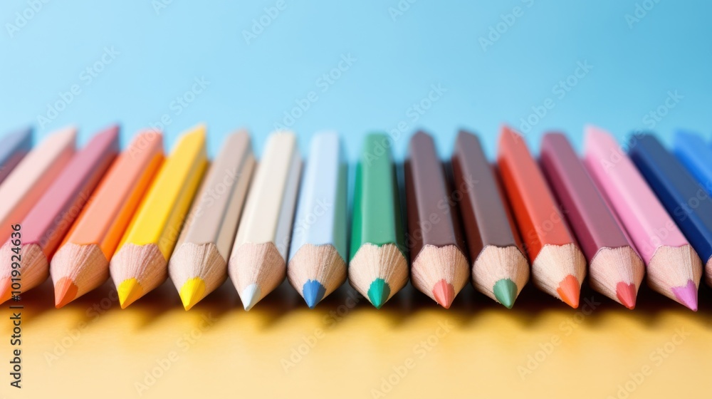 Brightly colored pencils lined in a neat row create a vibrant spectrum against a soft blue backdrop, evoking creativity and artistic inspiration. Brightly colored pencils lined in a neat row create a vibrant spectrum against a soft blue backdrop, evoking creativity and artistic inspiration.