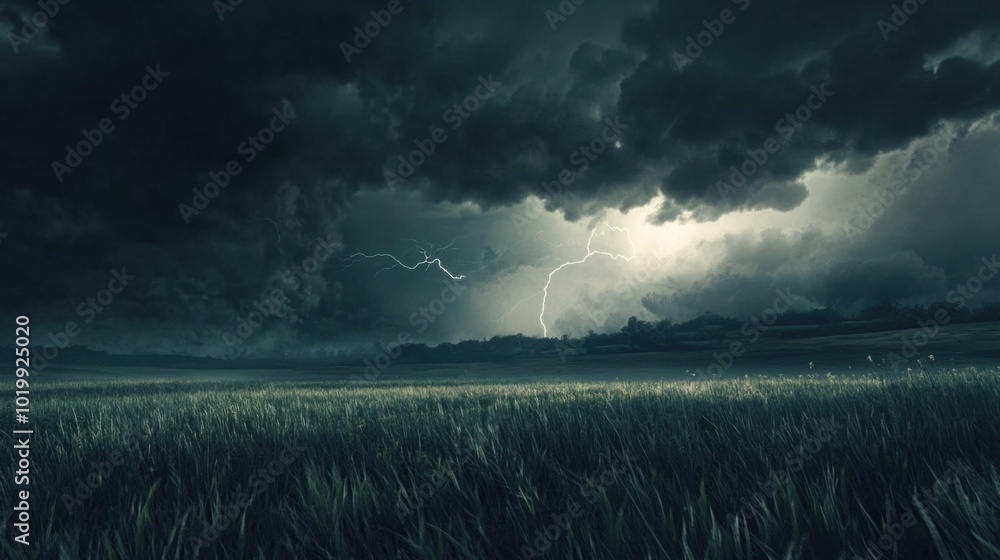 Fototapeta premium The edge of a thunderstorm rolling over an open field, with lightning illuminating the dark sky.