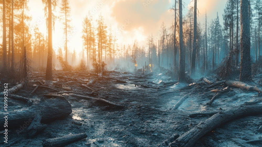 The remains of a forest after a wildfire, with charred trees and smoldering ash on the ground. The remains of a forest after a wildfire, with charred trees and smoldering ash on the ground.