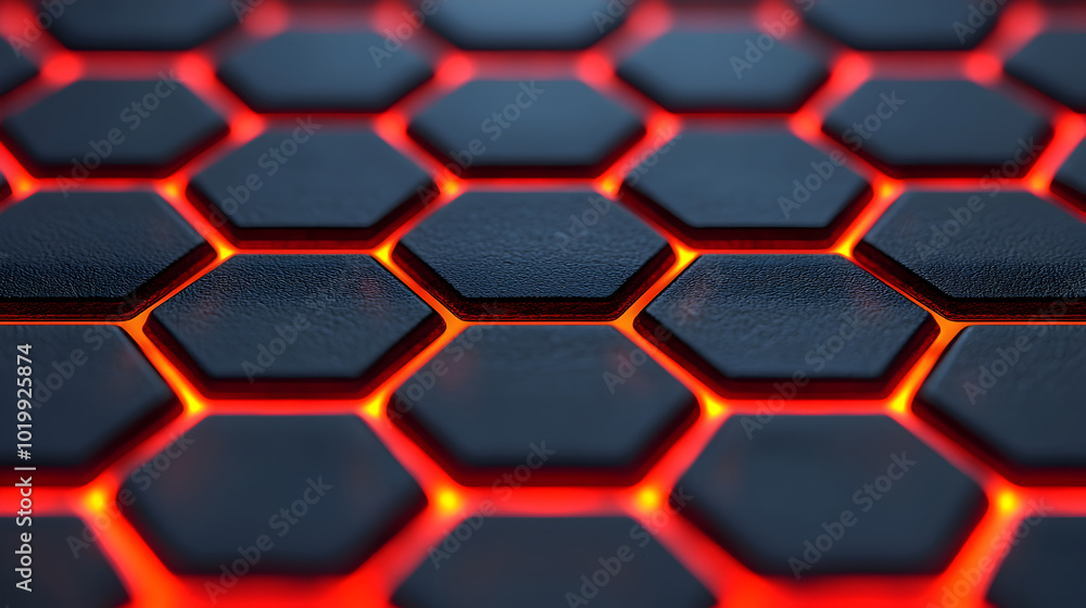 Cose up view of hexagonal pattern with glowing red edges, creating modern and futuristic appearance. design features sleek black surface that enhances vibrant illumination, evoking sense of Cose up view of hexagonal pattern with glowing red edges, creating modern and futuristic appearance. design features sleek black surface that enhances vibrant illumination, evoking sense of