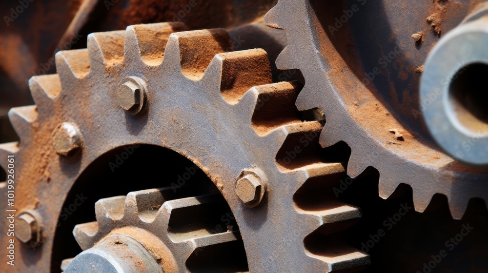 Close-up of rusted industrial gears reveals weathered beauty, showcasing mechanical strength and history within machinery's complex interlocking parts. Close-up of rusted industrial gears reveals weathered beauty, showcasing mechanical strength and history within machinery's complex interlocking parts.