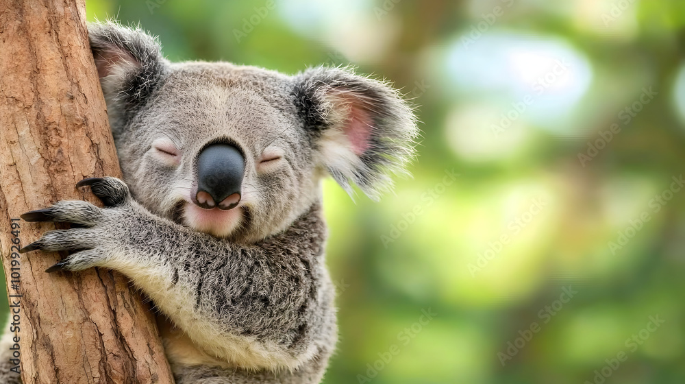 Naklejka premium Koala resting on tree, eyes closed, showcasing peaceful expression in natural setting. soft fur and gentle demeanor evoke sense of calm and tranquility