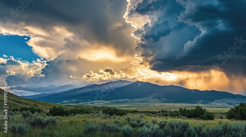 Thunderclouds gathering over a mountain range, with sunlight barely breaking through the edges of the storm.