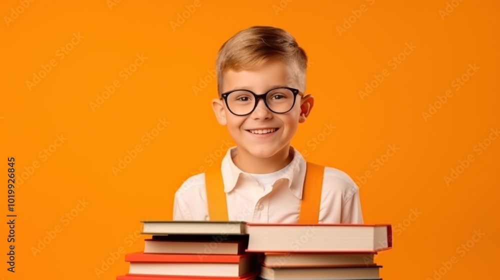 A smiling child with glasses holds a stack of books against a vibrant orange background, radiating enthusiasm for learning. A smiling child with glasses holds a stack of books against a vibrant orange background, radiating enthusiasm for learning.