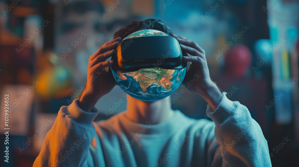 A man using virtual reality (VR) goggles holds a digital globe, representing the vast world he can explore in virtual reality.VR, Augmented Reality (AR), and the metaverse offer immersive experiences. A man using virtual reality (VR) goggles holds a digital globe, representing the vast world he can explore in virtual reality.VR, Augmented Reality (AR), and the metaverse offer immersive experiences.