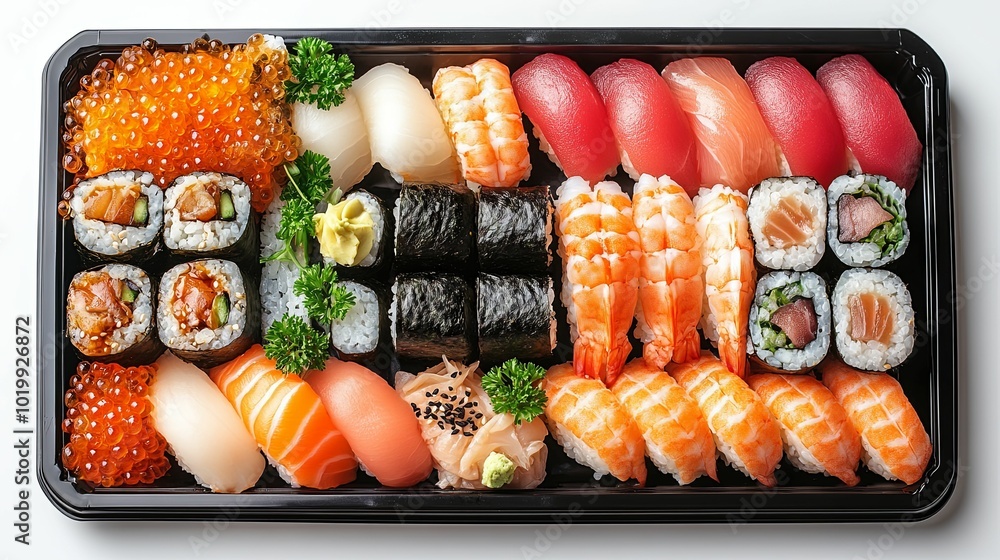 Assorted Sushi Rolls and Nigiri in a Black Plastic Container Assorted Sushi Rolls and Nigiri in a Black Plastic Container