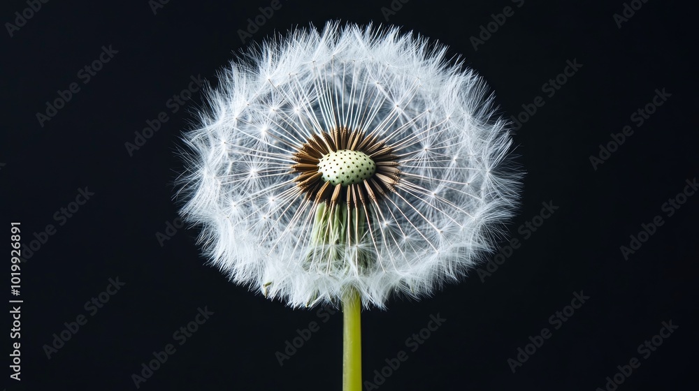 A white dandelion seed head with a brown center against a black background. A white dandelion seed head with a brown center against a black background.
