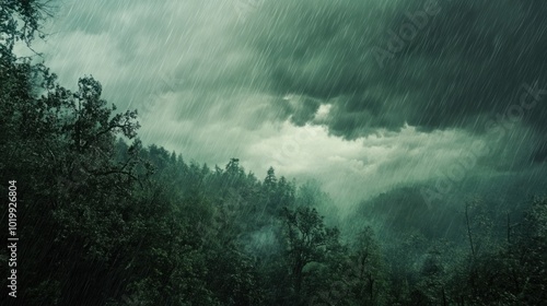 Thunderclouds looming over a forest during a summer storm, with heavy rain pouring down.