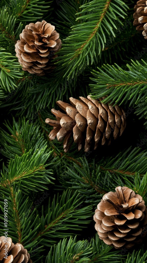 An arrangement of rustic pinecones nestled among lush pine branches, offering a warm and natural feel ideal for seasonal backdrops. An arrangement of rustic pinecones nestled among lush pine branches, offering a warm and natural feel ideal for seasonal backdrops.