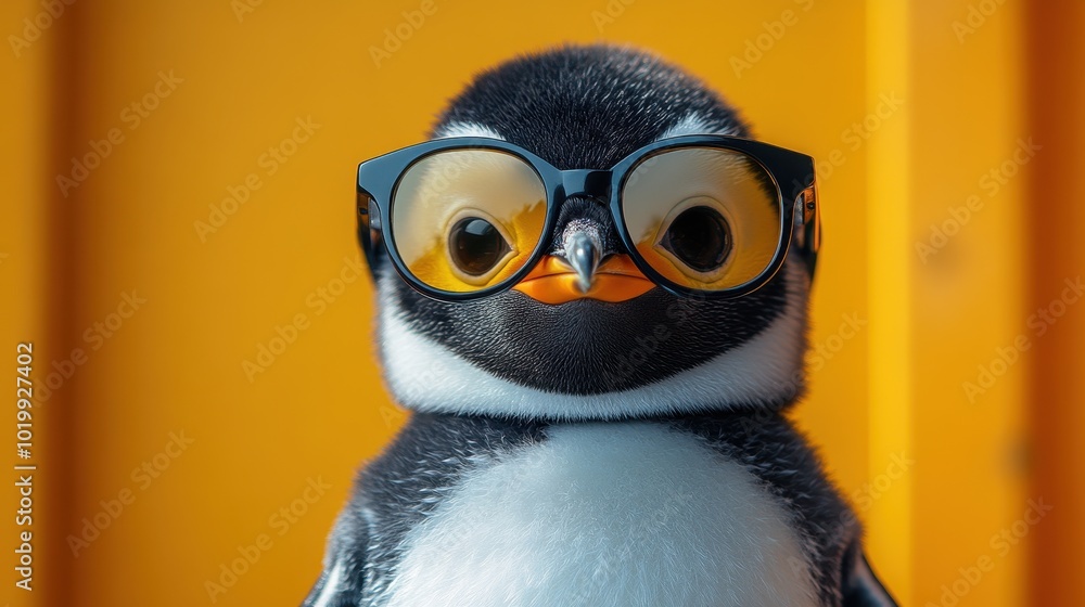 Naklejka premium Hyper-realistic studio shot of a cute penguin wearing sunglasses against an orange background, minimalistic and funny animal concept art with a yellow and black color scheme