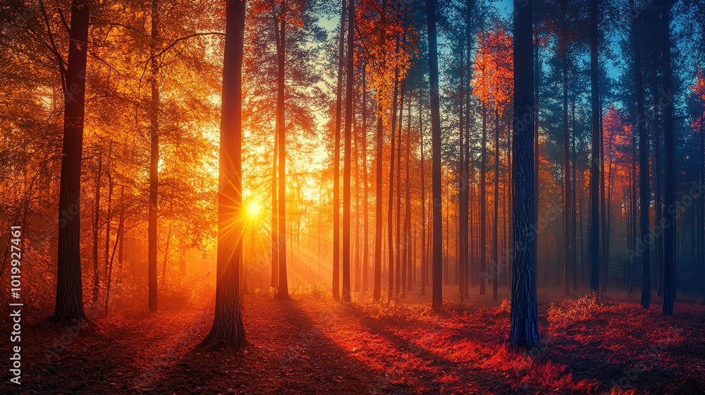 A vibrant autumn forest at dusk, the sky glowing with warm hues as the last rays of sunlight filter through the trees, casting long shadows and deep contrasts A vibrant autumn forest at dusk, the sky glowing with warm hues as the last rays of sunlight filter through the trees, casting long shadows and deep contrasts
