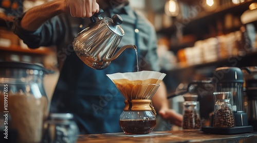 Pouring Water into Coffee Filter at a Cafe. A barista carefully pours hot water from a kettle into a paper filter, creating a fresh cup of delicious coffee in a cozy cafe setting. photo