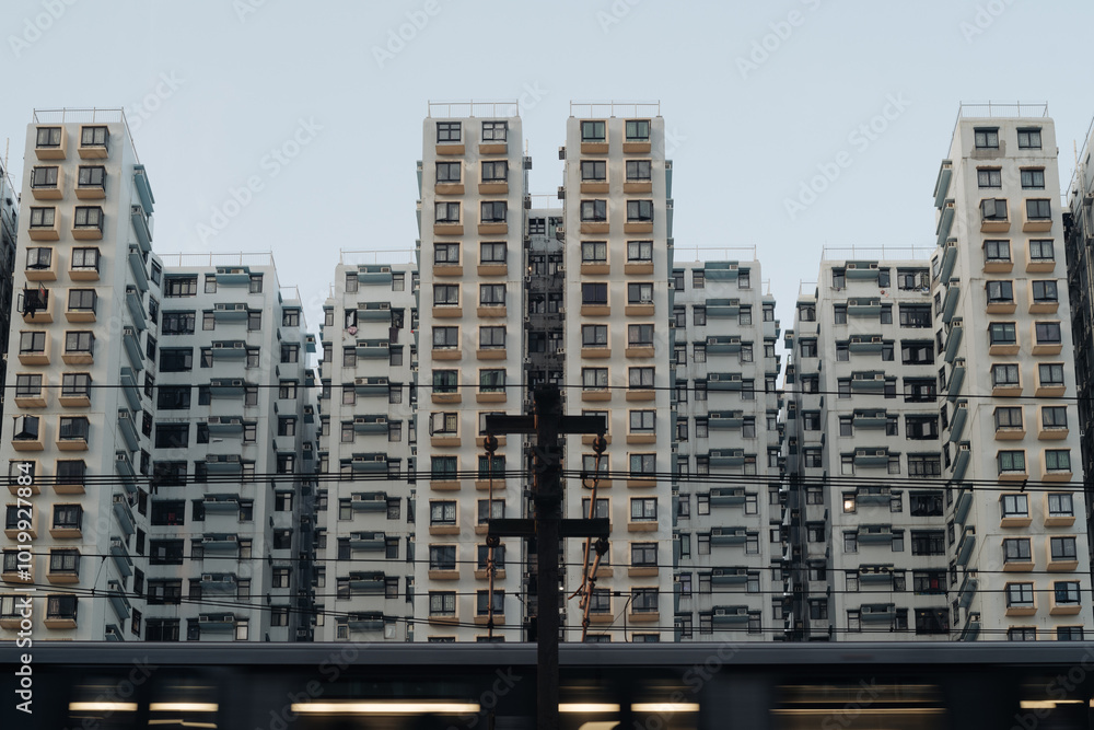 Dense Urban High-Rise Apartment Buildings with Moving Train Dense Urban High-Rise Apartment Buildings with Moving Train
