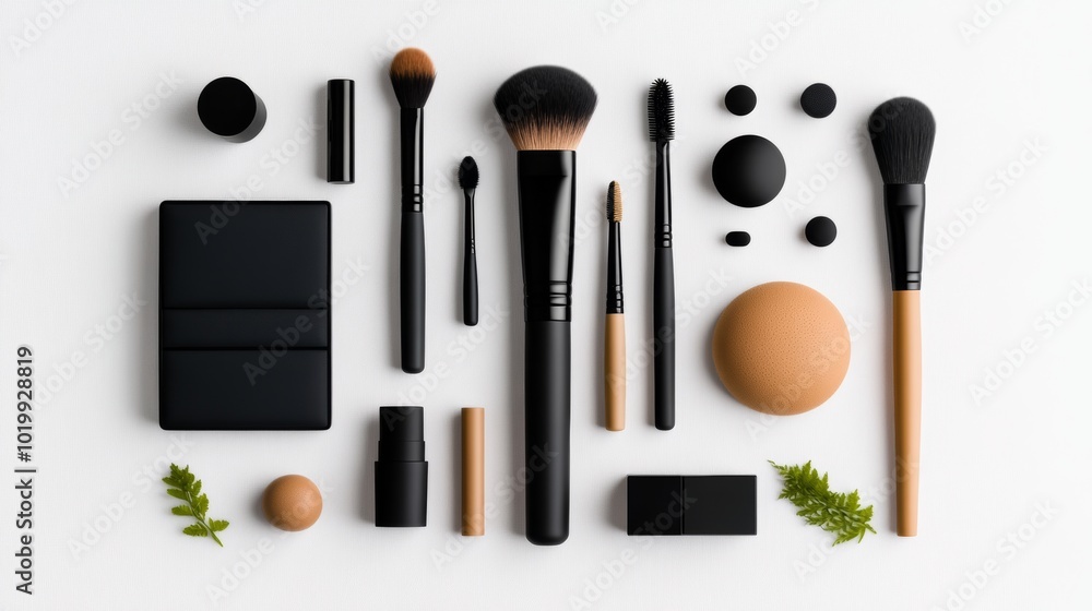 Makeup Brushes Sponges and Cosmetics Flat Lay Makeup Brushes Sponges and Cosmetics Flat Lay