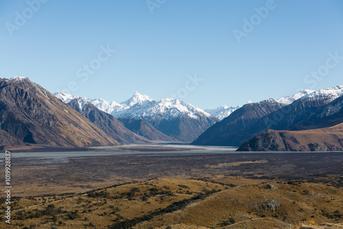 mountain range with snow-capped peaks