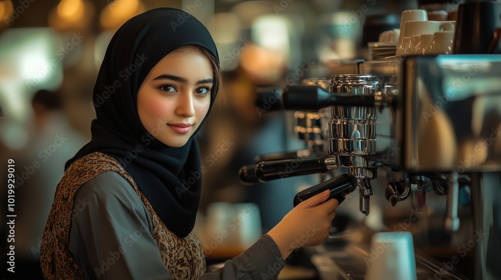 Young Muslim Woman Barista in Coffee Shop. Muslim woman elegantly wearing a hijab works as a barista in a contemporary coffee shop, showcasing her skills while serving customers with a warm smile. Young Muslim Woman Barista in Coffee Shop. Muslim woman elegantly wearing a hijab works as a barista in a contemporary coffee shop, showcasing her skills while serving customers with a warm smile.