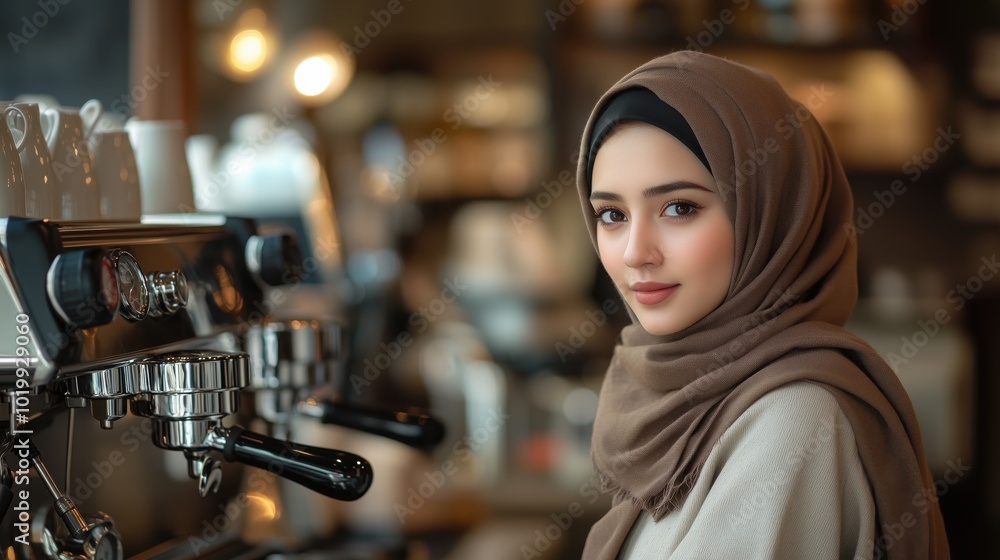 Young Woman in Hijab at Contemporary Coffee Shop. Young Muslim woman elegantly wears a hijab while working as a barista in a contemporary coffee shop, embodying warmth and charm in a cozy atmosphere. Young Woman in Hijab at Contemporary Coffee Shop. Young Muslim woman elegantly wears a hijab while working as a barista in a contemporary coffee shop, embodying warmth and charm in a cozy atmosphere.