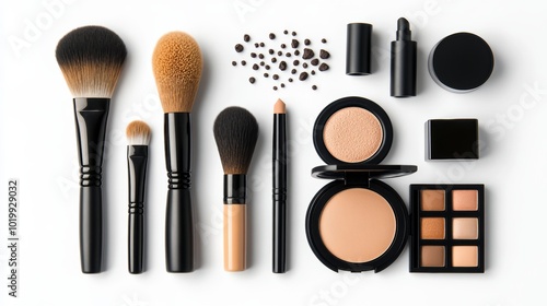 Makeup Brushes and Cosmetics Set on White Background