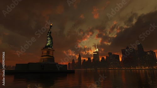 Iconic Statue of Liberty Stands Tall at Dusk Illuminating New York Harbor Skyline