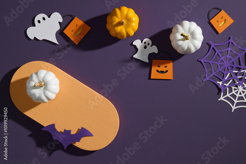 Halloween Decorations with Pumpkins, Ghosts, and Spider web photo