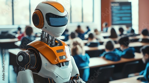 Humanoid robot teaching a classroom of students, AI communication, educational technology