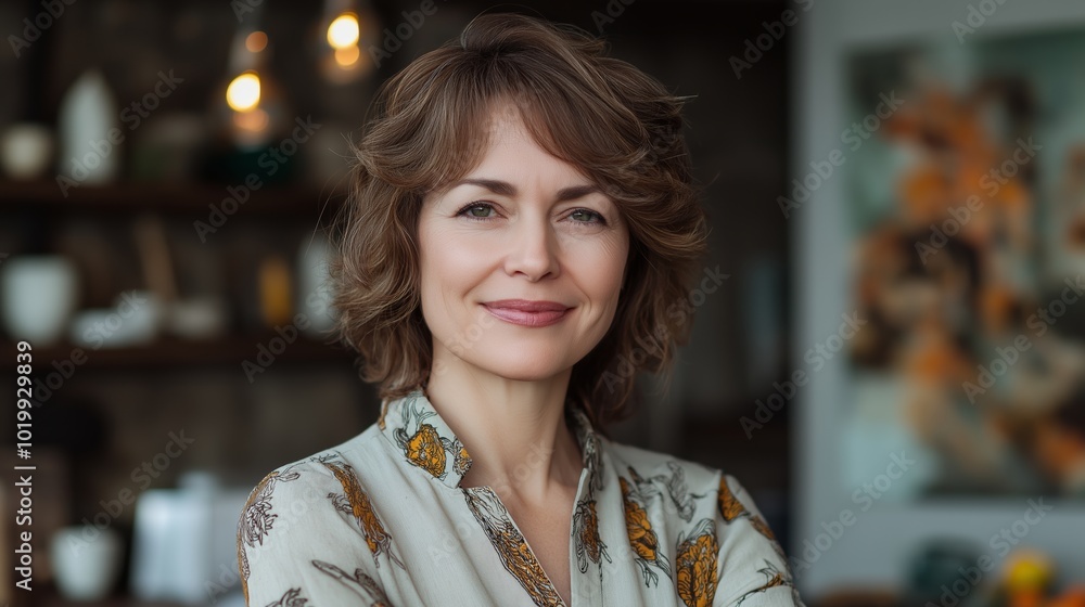 Woman with short brown hair and a floral print shirt. She is smiling. There is a painting on the wall behind her. Smiling senior woman painting in a studio, vibrant colors and creative atmosphere Woman with short brown hair and a floral print shirt. She is smiling. There is a painting on the wall behind her. Smiling senior woman painting in a studio, vibrant colors and creative atmosphere