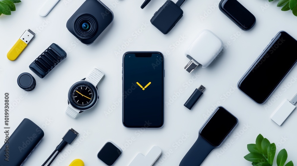 Modern Technology Gadgets Flat Lay with Smartwatch Smartphone Camera USB and Accessorie Modern Technology Gadgets Flat Lay with Smartwatch Smartphone Camera USB and Accessorie