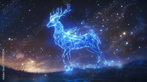 Glowing Mythical Zodiac Stag in Cosmic Starry Night Sky