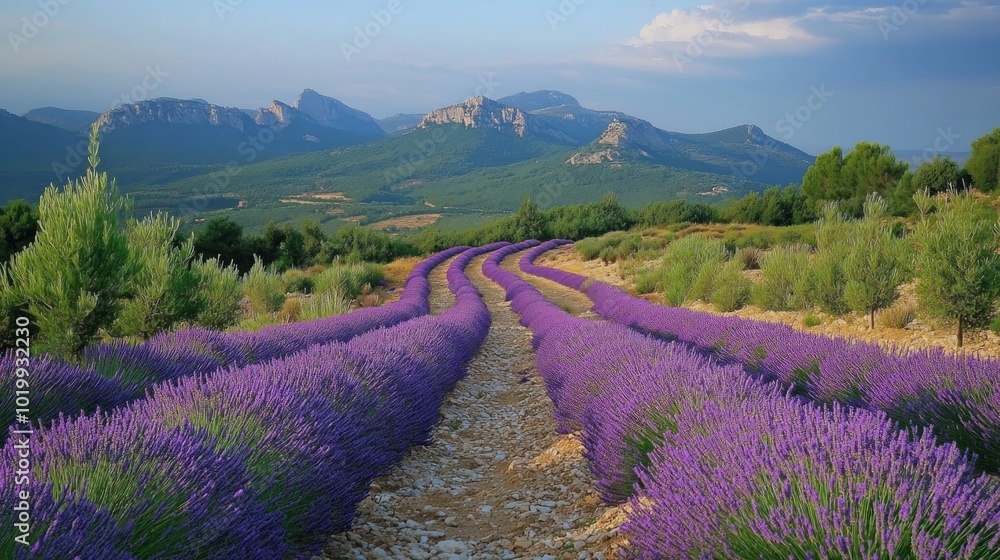 A winding dirt road leads through a field of vibrant purple lavender plants, with a mountain range in the distance. The setting sun casts a warm glow on the landscape. A winding dirt road leads through a field of vibrant purple lavender plants, with a mountain range in the distance. The setting sun casts a warm glow on the landscape.