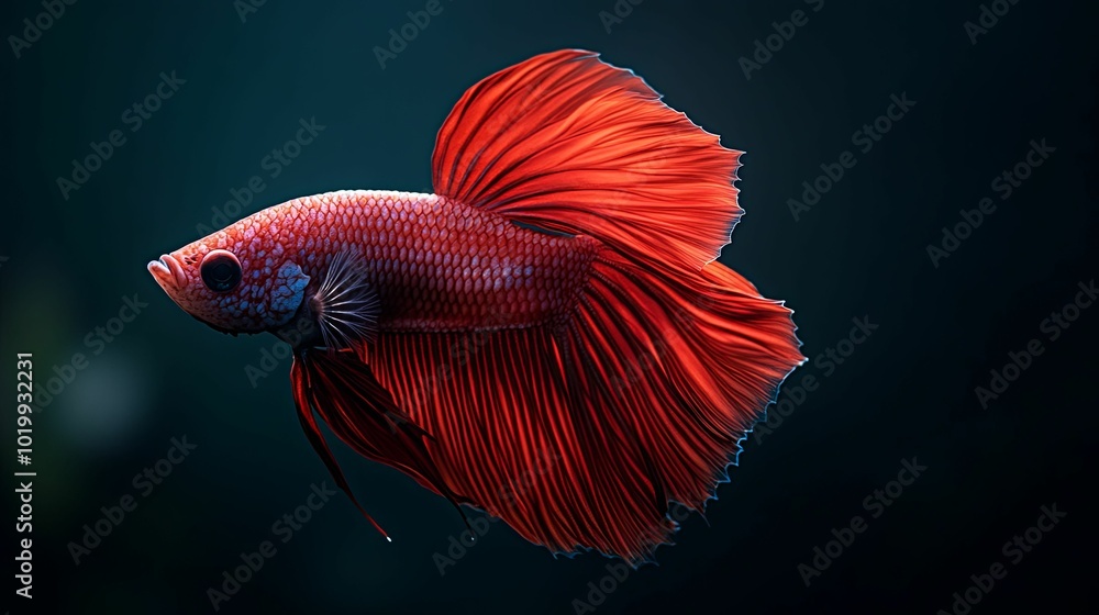 A Vibrant Red Betta Fish with Fin Spreads Against a Dark Background A Vibrant Red Betta Fish with Fin Spreads Against a Dark Background
