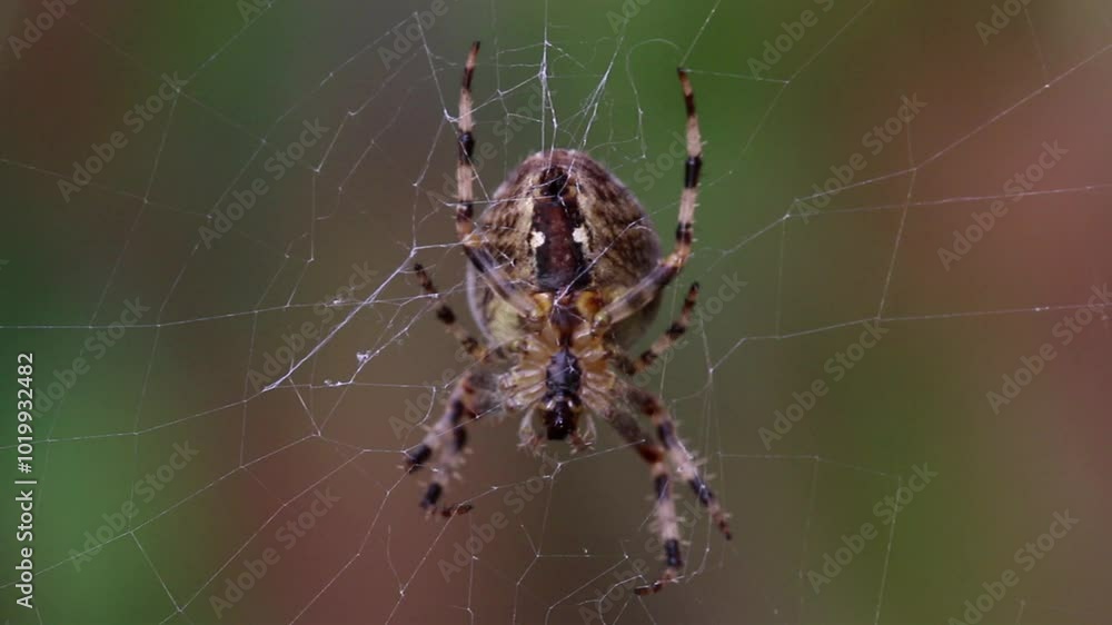 Closeup of underside of a Garden Spider, Araneus diadematus, on its orb web. Autumn. UK Closeup of underside of a Garden Spider, Araneus diadematus, on its orb web. Autumn. UK