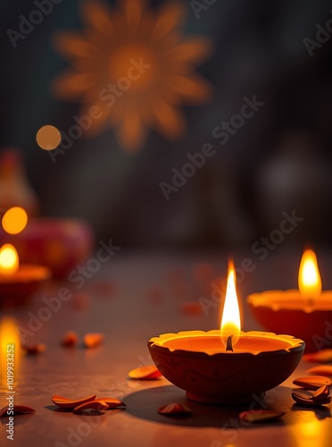 Clay Diya lamps lit during Diwali Festival celebration, Happy Diwali