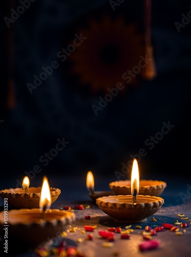 Clay Diya lamps lit during Diwali Festival celebration, Happy Diwali
