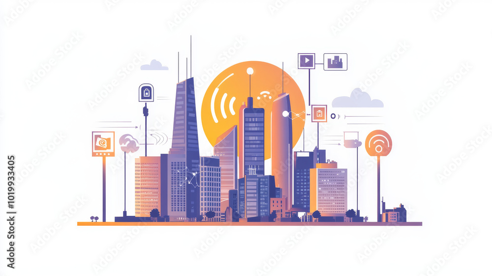 A 5G network logo shines over a modern city, with icons showing connected buildings and devices. High-speed internet connects everything, and the sun rises over tall skyscrapers. A 5G network logo shines over a modern city, with icons showing connected buildings and devices. High-speed internet connects everything, and the sun rises over tall skyscrapers.