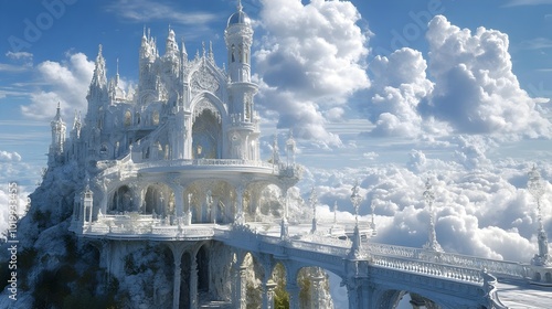 Levitating Opulent Castle with Ornamental Balconies Shimmering Crystal Embellishments and Tranquil Cloud Formations