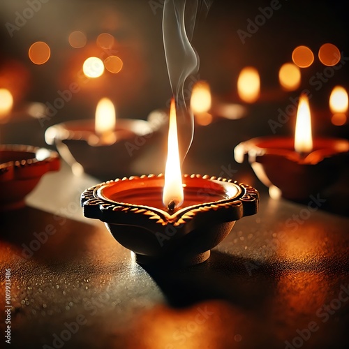 Clay Diya lamps lit during Diwali Festival celebration, Happy Diwali