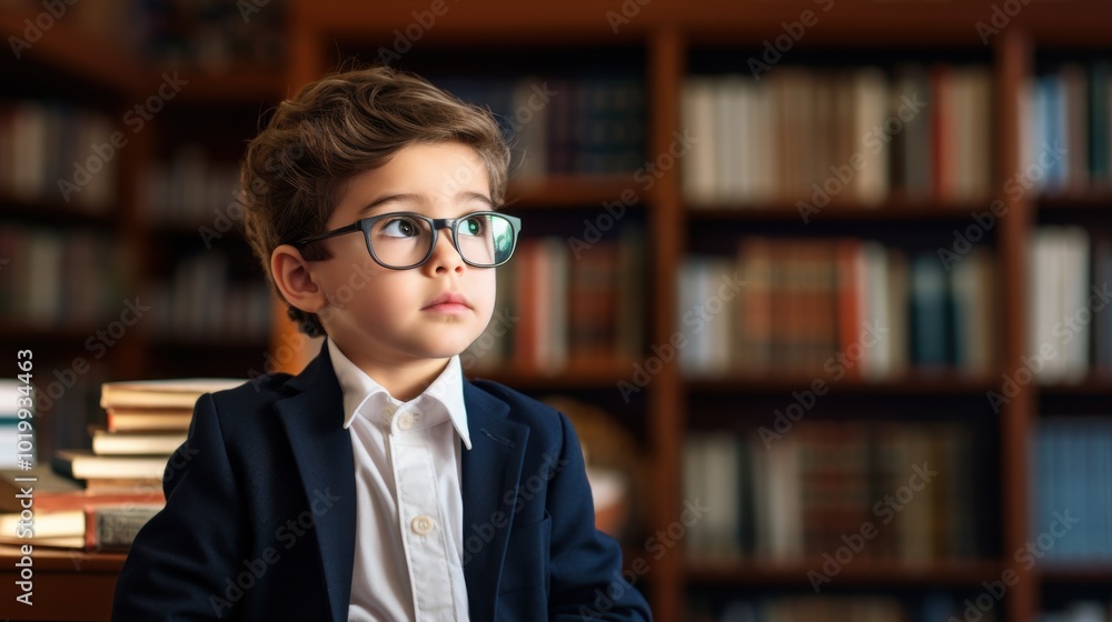 A young boy with glasses, deep in thought, stands amidst towering bookshelves in a serene library, capturing a sense of wonder and curiosity. A young boy with glasses, deep in thought, stands amidst towering bookshelves in a serene library, capturing a sense of wonder and curiosity.