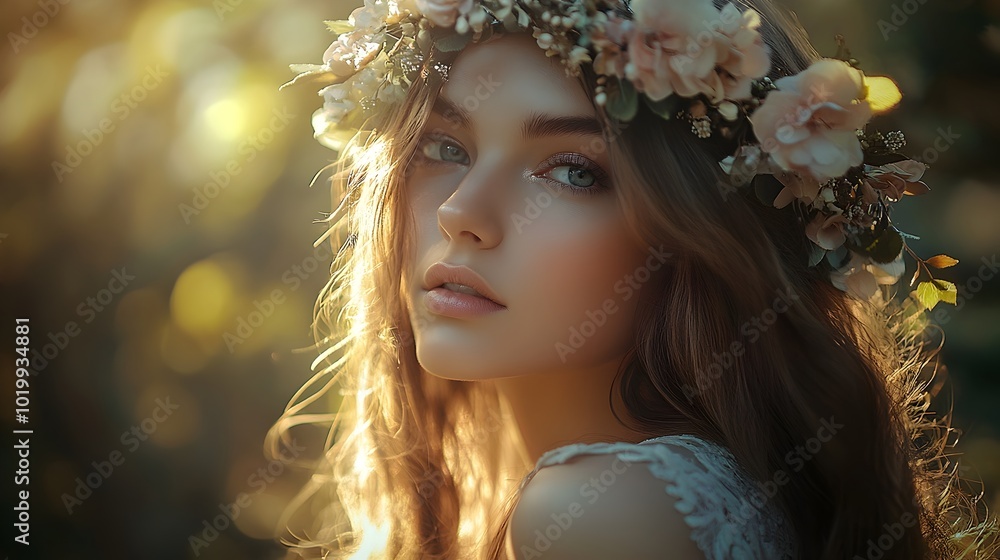 Enchanting Bohemian Beauty in Floral Crown Bathed in Natural Light Enchanting Bohemian Beauty in Floral Crown Bathed in Natural Light