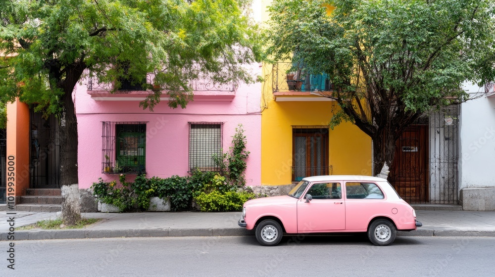Fototapeta premium Vintage Pink Car Near Colorful Houses on Urban Street