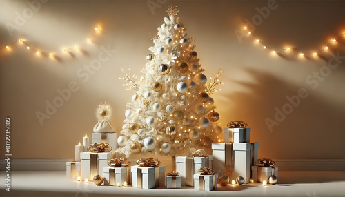 A luxurious white Christmas tree with white gift boxes underneath, decorated with golden ribbons and bows, is sophisticated and elegant, in a ballroom