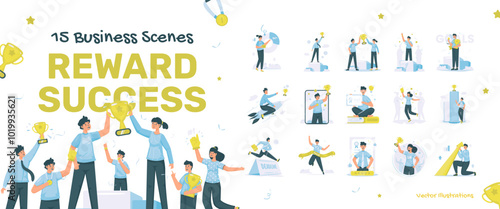 Office worker business scenes of reward success concept illustration set
