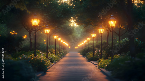 Lamp Post Pathway Through the Woods 3d Illustration