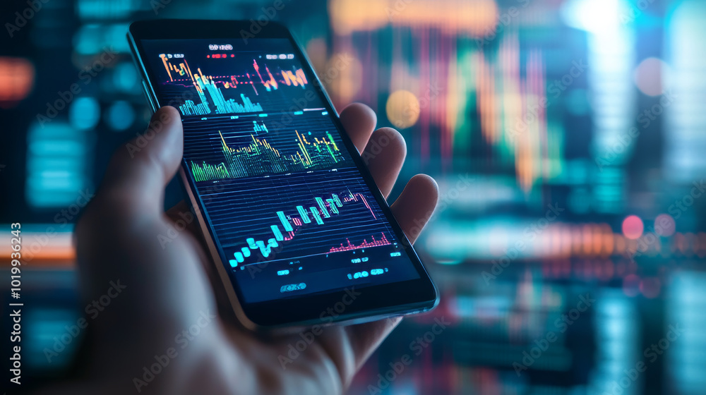 A phone displaying graphs and data shows how businesses can use smartphones to analyze trends and plan financial strategies. A phone displaying graphs and data shows how businesses can use smartphones to analyze trends and plan financial strategies.